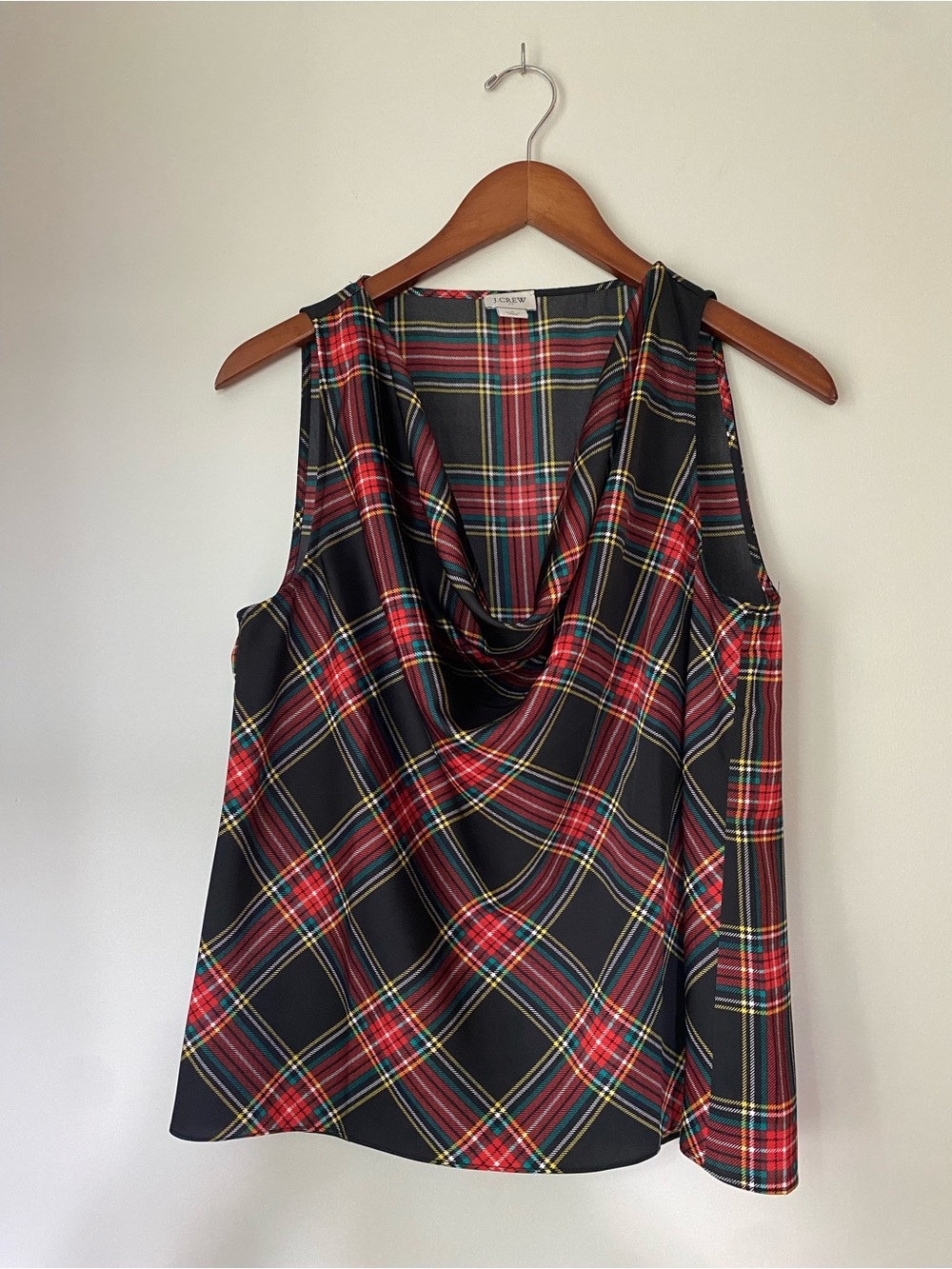 J. Crew Black and Red Plaid Sleeveless Drape neck blouse tank sz S